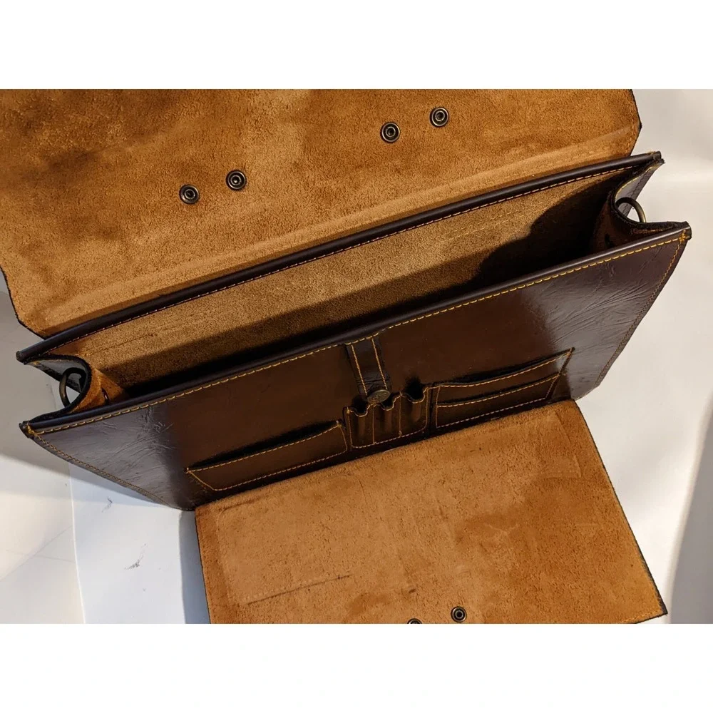 Vtg Jynaeki Brown Leather Briefcase Attache Sturdy Handle Professional 15 x 11